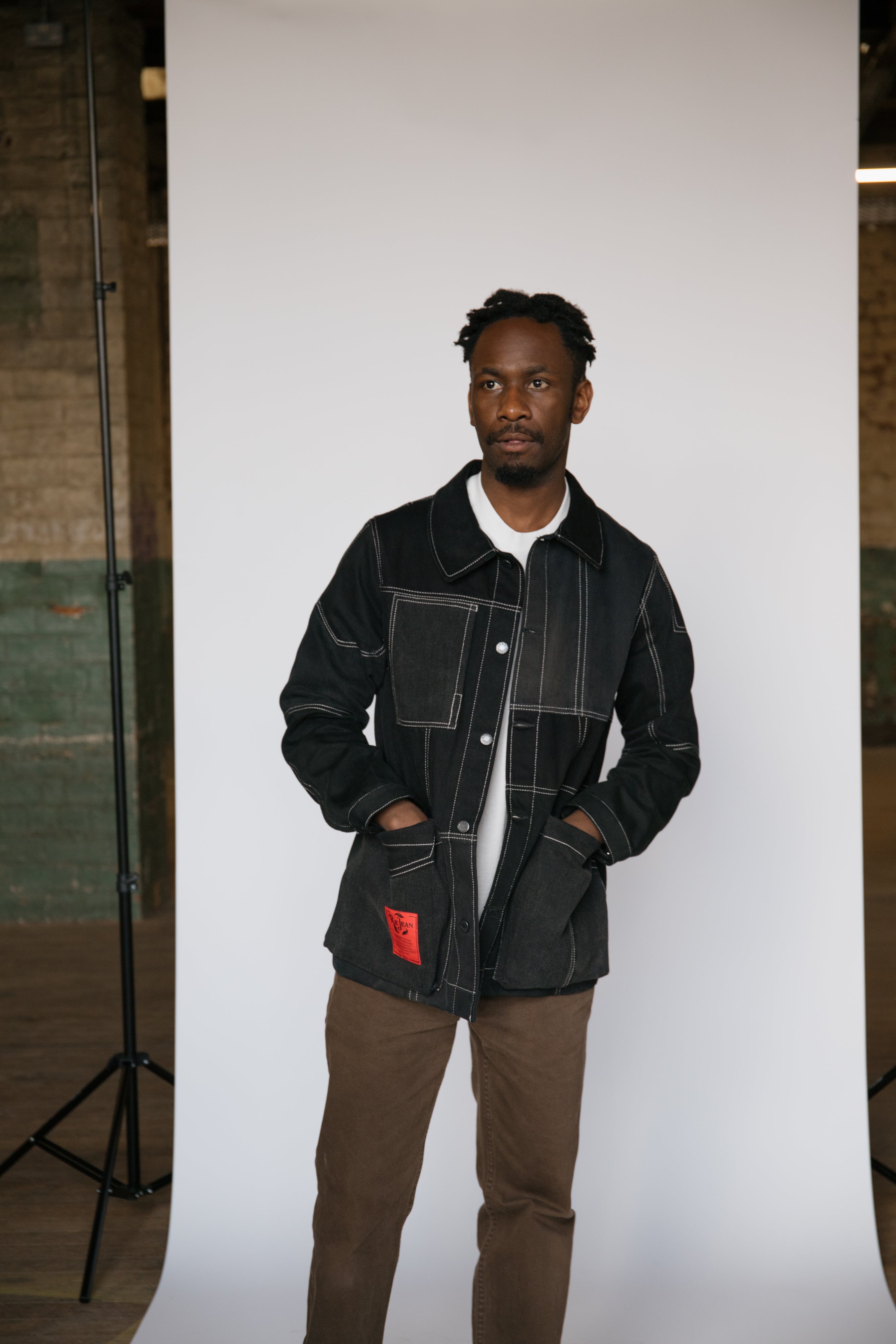 Gallow Jacket with Bellow Pockets in  Patchwork Denim - ReJean Denim - zero waste - circular fashion brand 
