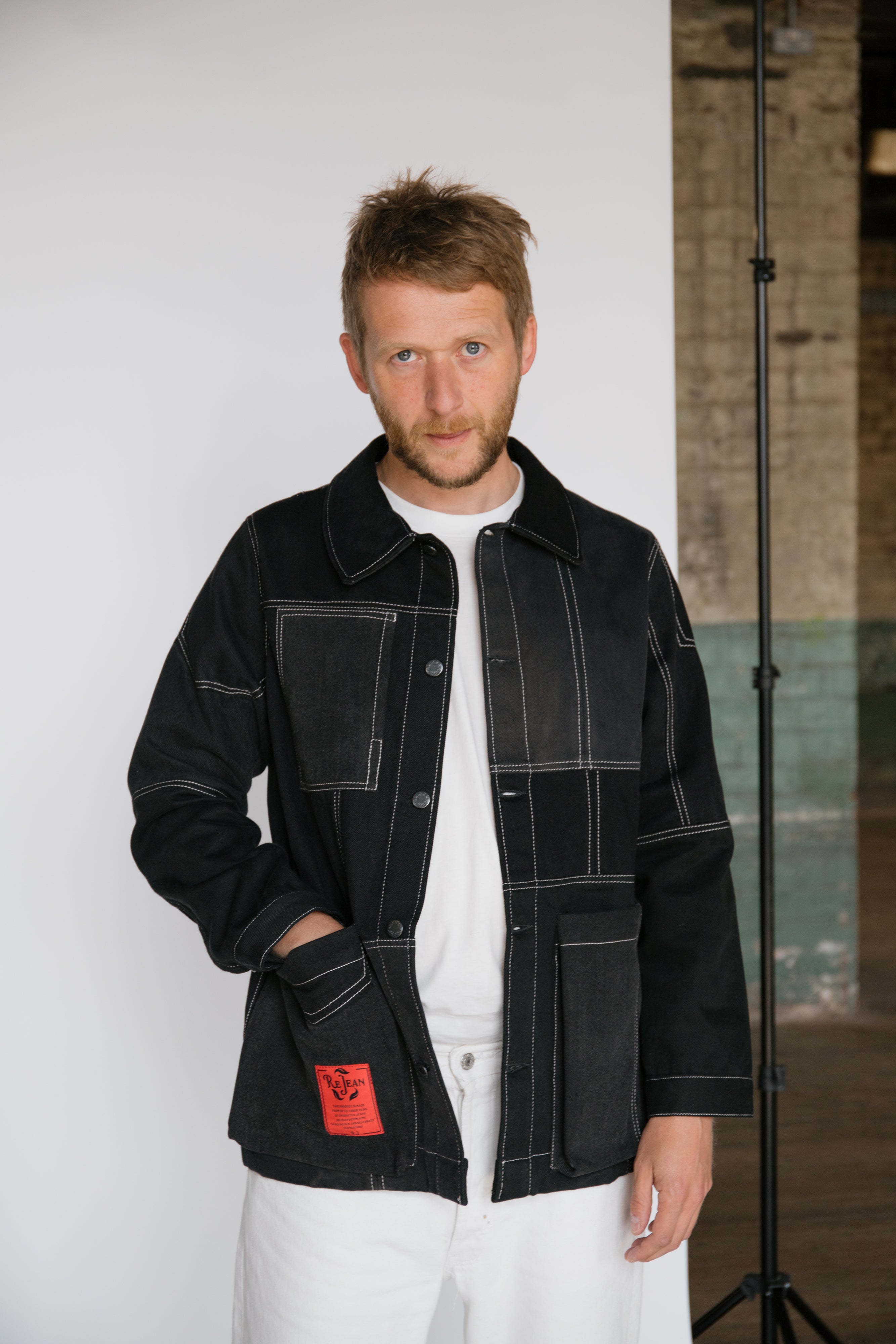 Gallow Jacket with Bellow Pockets in  Patchwork Denim - ReJean Denim - zero waste - circular fashion brand 
