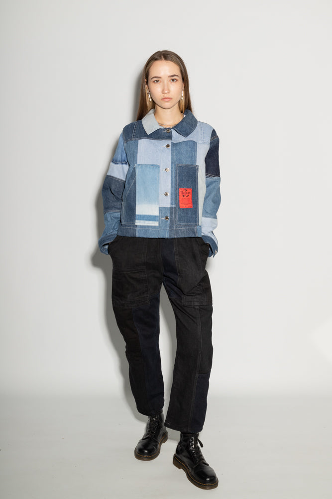 Calvay Classic Carpenter Jacket in Patchwork Denim - ReJean Denim - zero waste - circular fashion brand 