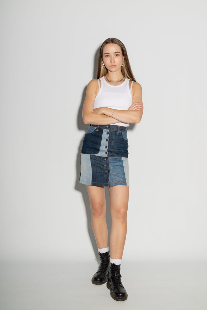 Alexandra A-Line Skirt in Patchwork Denim - ReJean Denim - zero waste - circular fashion brand 